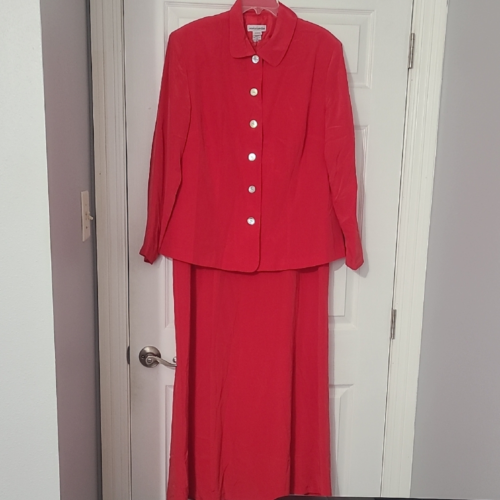 Jessica London Bold Red Button-Front Jacket & Long Skirt Set